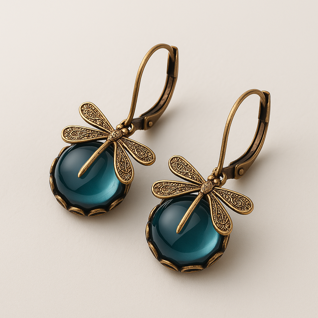 Antique Gold Dragonfly Spherical Earrings