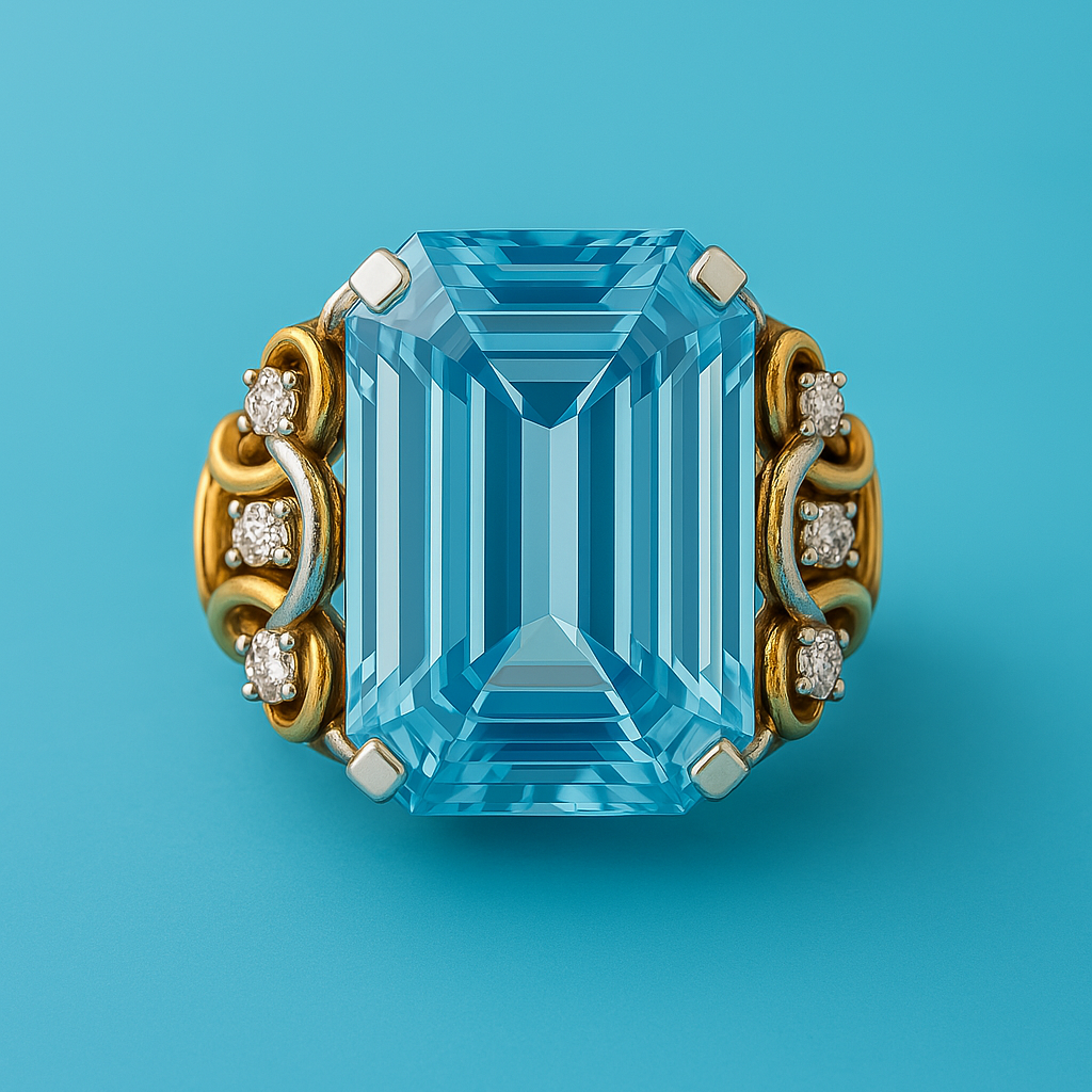 Vintage gold ring with layered design and blue cubic zirconia