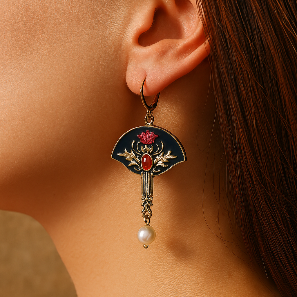 Boho Earrings with Pearls and Red Crystals
