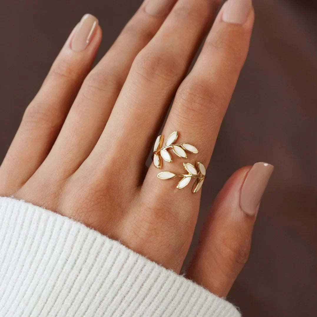 Pure - Adjustable white opal leaf ring