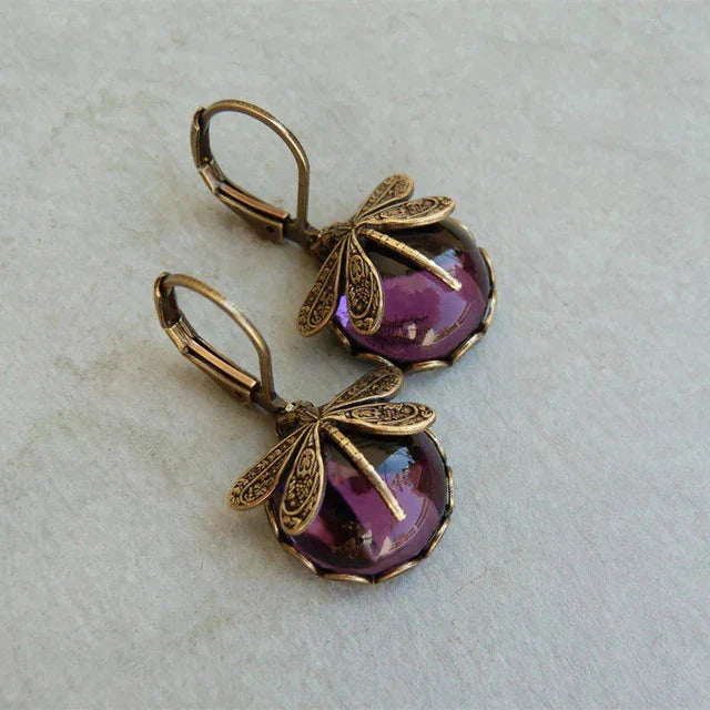 Antique Gold Dragonfly Spherical Earrings