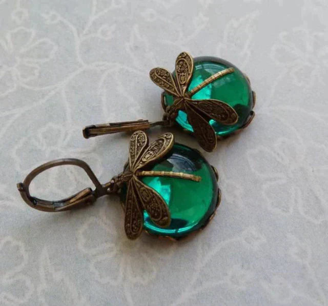 Antique Gold Dragonfly Spherical Earrings