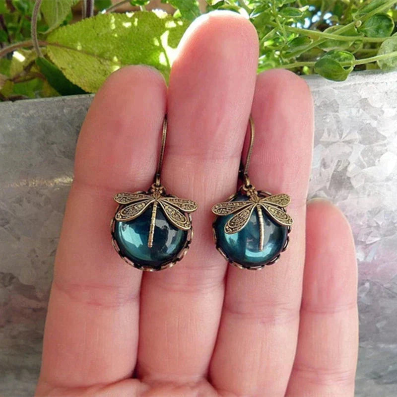 Antique Gold Dragonfly Spherical Earrings
