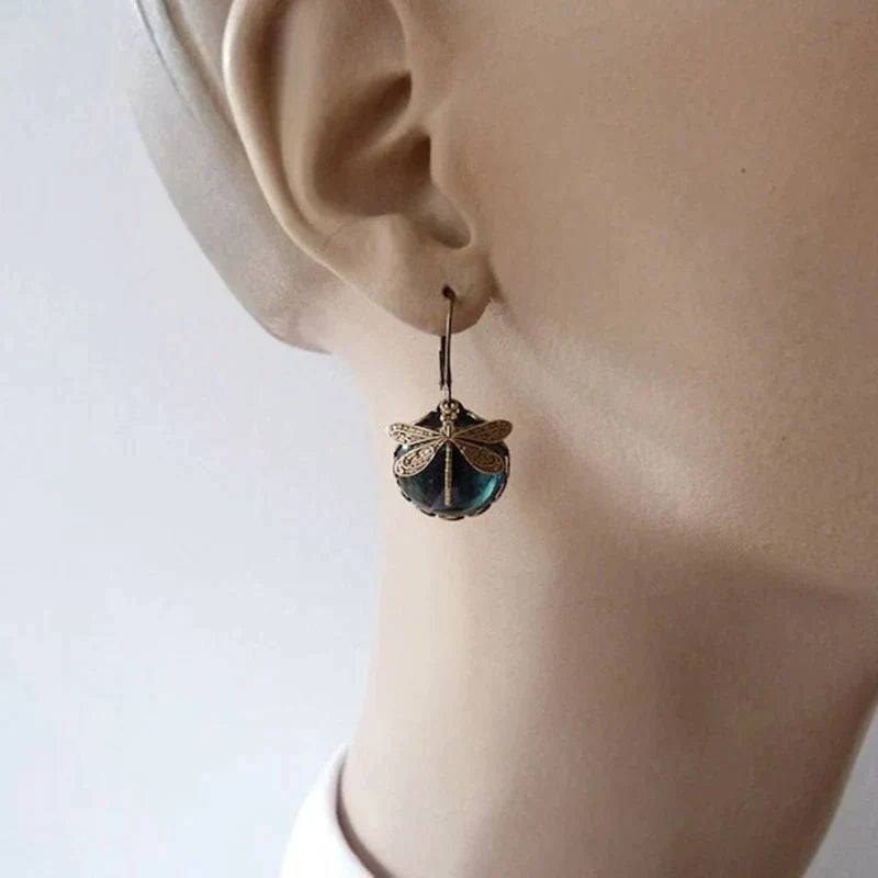 Antique Gold Dragonfly Spherical Earrings