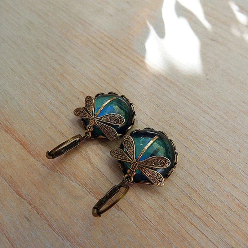 Antique Gold Dragonfly Spherical Earrings