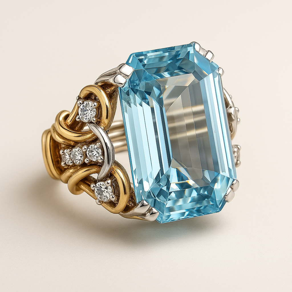 Vintage gold ring with layered design and blue cubic zirconia