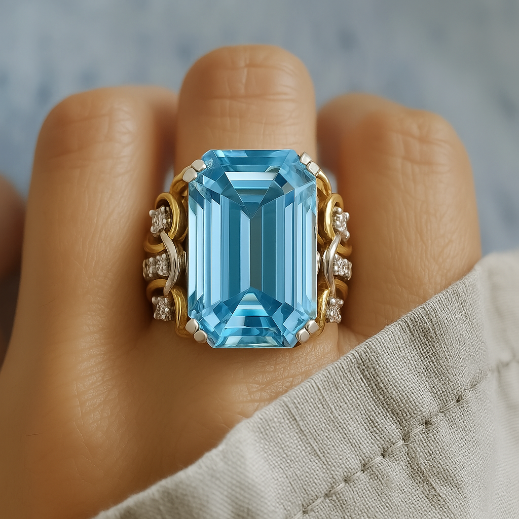 Vintage gold ring with layered design and blue cubic zirconia