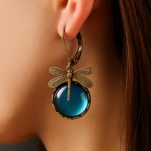 Antique Gold Dragonfly Spherical Earrings