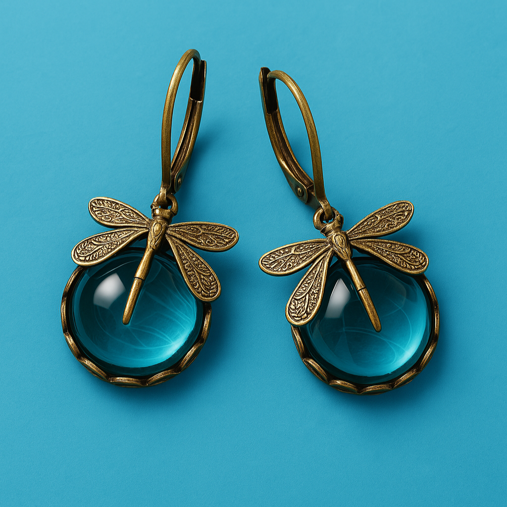 Antique Gold Dragonfly Spherical Earrings