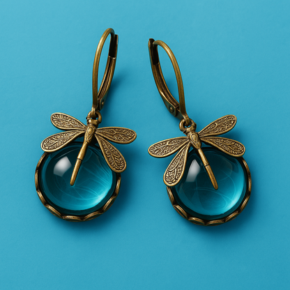 Antique Gold Dragonfly Spherical Earrings