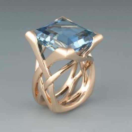 Vintage Gold Rose Ring with Blue Zirconia