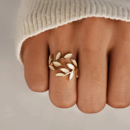 Pure - Adjustable white opal leaf ring