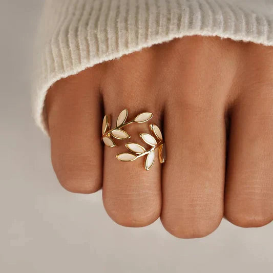 Pure - Adjustable white opal leaf ring