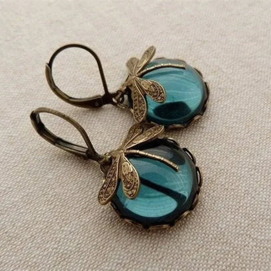 Antique Gold Dragonfly Spherical Earrings