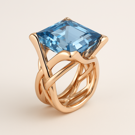 Vintage Gold Rose Ring with Blue Zirconia