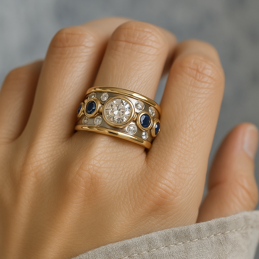 Vintage ring with gold inlay and zirconia